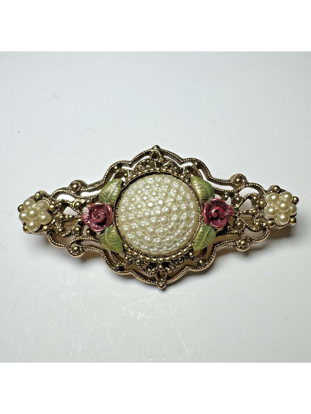 Vintage Faux Pearl Rose Bar Brooch Bronze Gold Tone Romantic Cottagecore Pin
